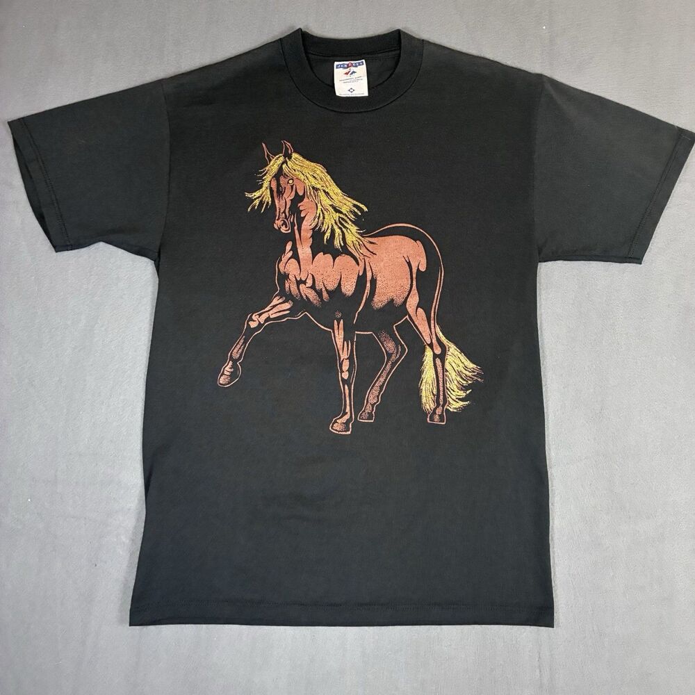 Vintage western horse T-shirt Men’s Size medium Glitter print Black Texas South